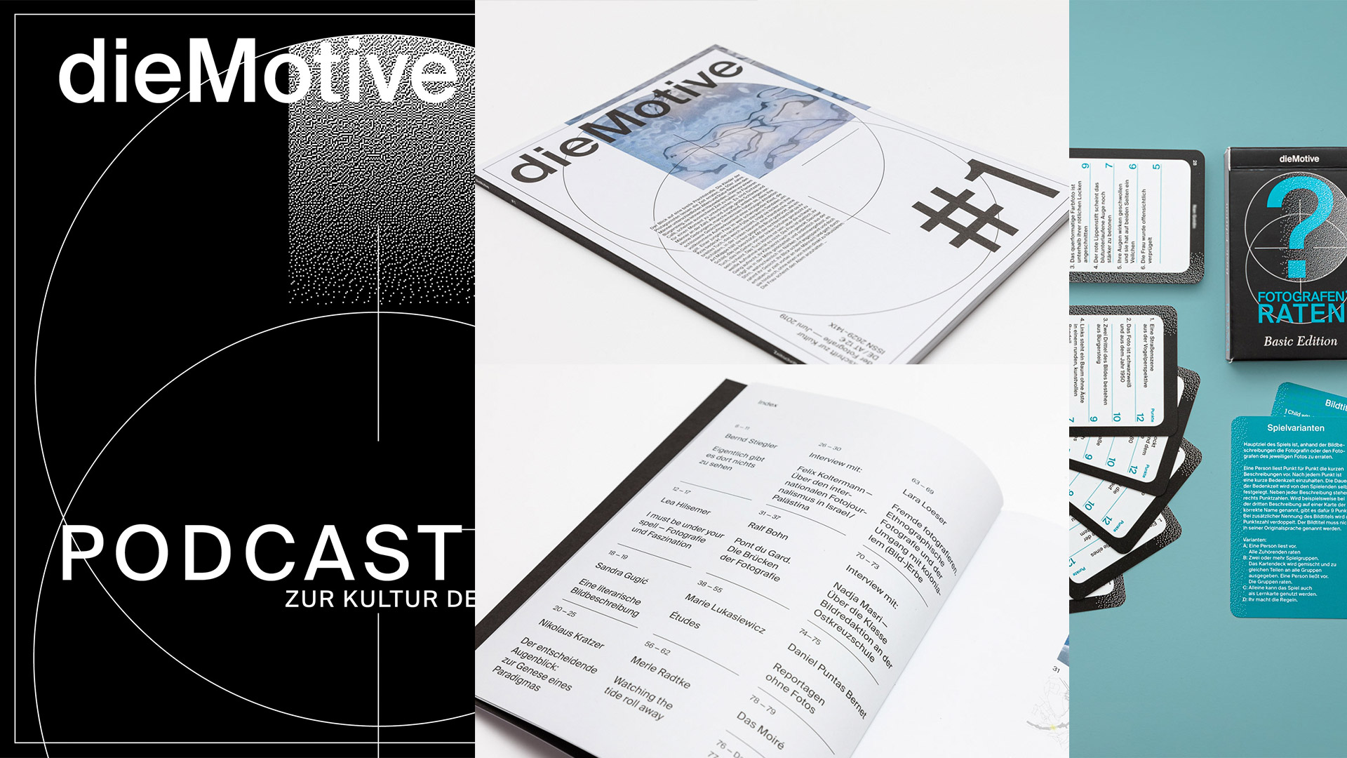 Zu sehen ist das Cover der ersten ausgabe, das Cover des dieMotive-Podcast und eine Ansicht des Kartenspiels FOTOGRAFENRATEN